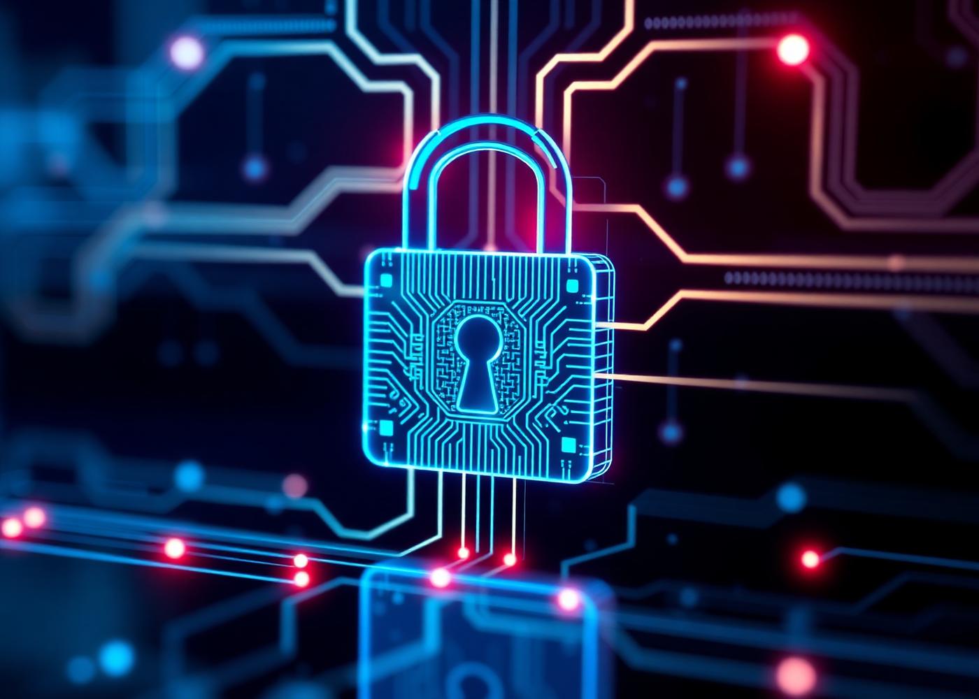Cybersecurity concept with circuit board padlock